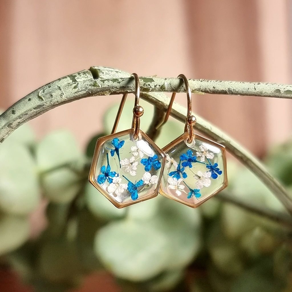 Blue-White Mix | Hexagon | Gold | Earrings