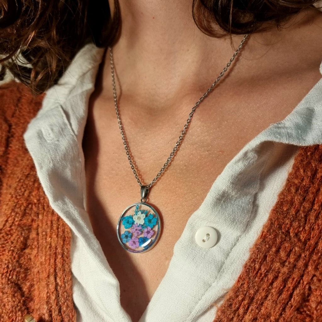 Blue-Purple Dream | Natural Flowers | Round | Silver | Necklace