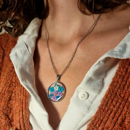 Blue-Purple Dream | Natural Flowers | Round | Silver | Necklace