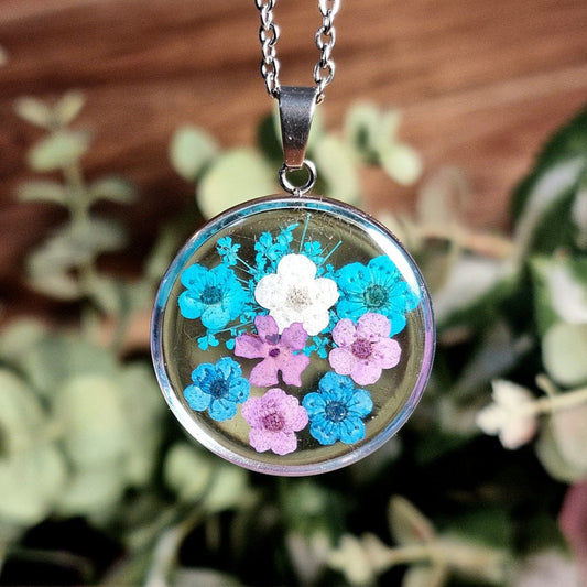 Blue-Purple Dream | Natural Flowers | Round | Silver | Necklace