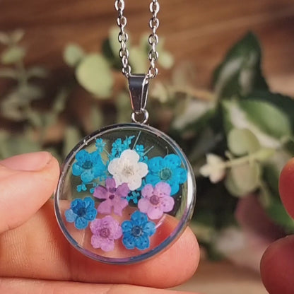 Blue-Purple Dream | Natural Flowers | Round | Silver | Necklace