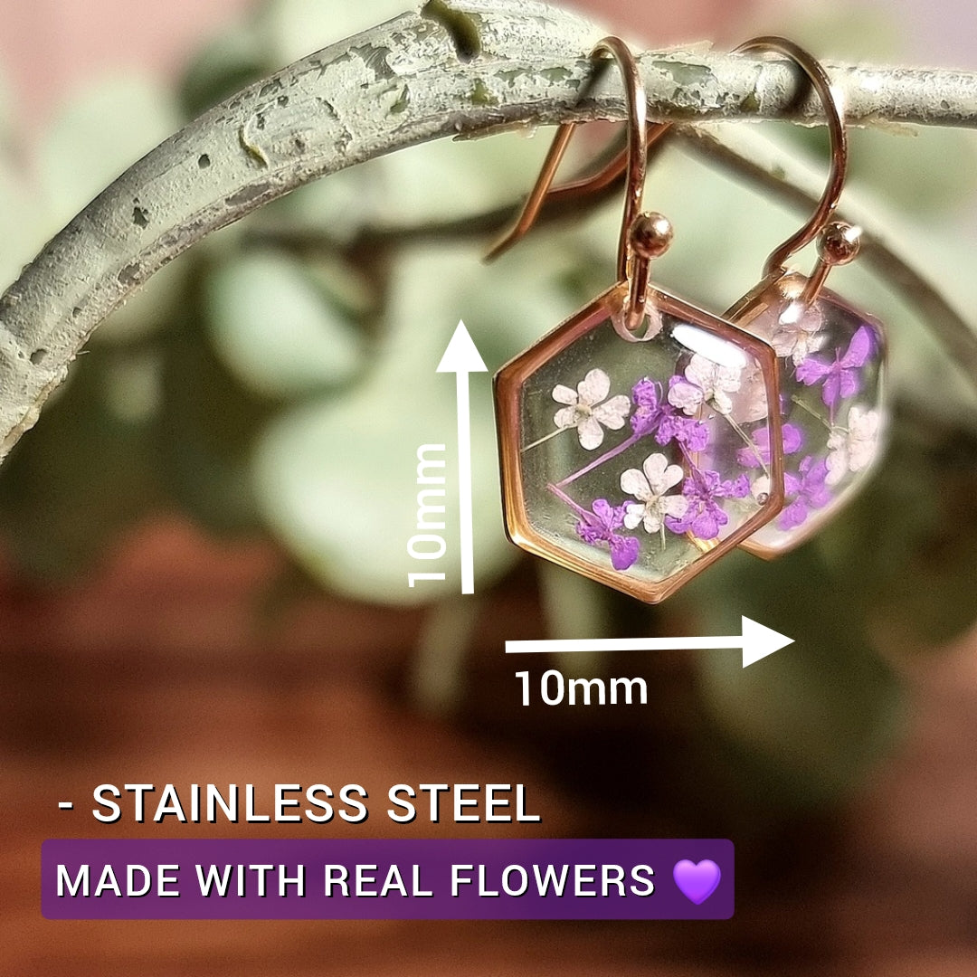 Purple-White Mix | Hexagon | Gold | Earrings