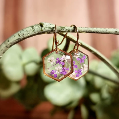 Purple-White Mix | Hexagon | Gold | Earrings